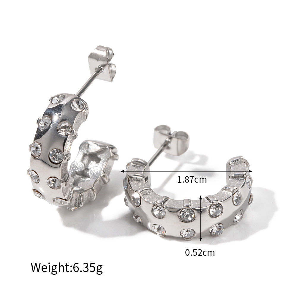 18K Gold Fashion Dazzling C Shape Inlaid Zircon Polished Earrings