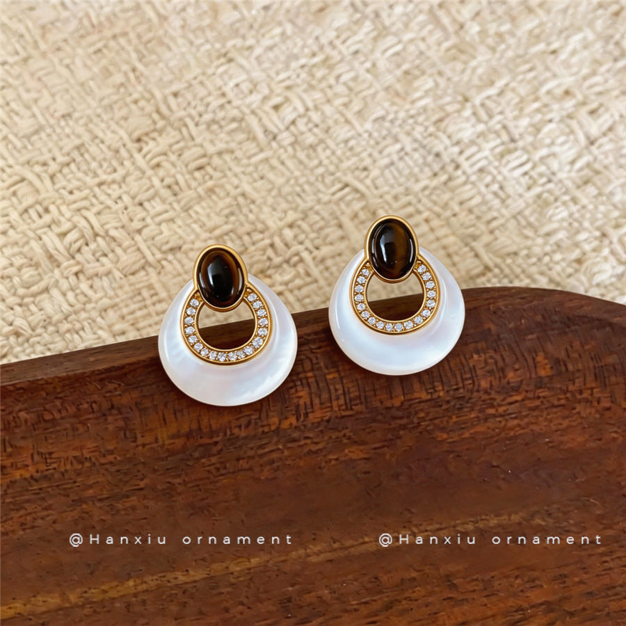 French Luxury U-Shaped Faux Tiger Eye Stone Stud Earrings For Women, Niche Elegant Daily Commute Versatile High Grade Ear Jewelry