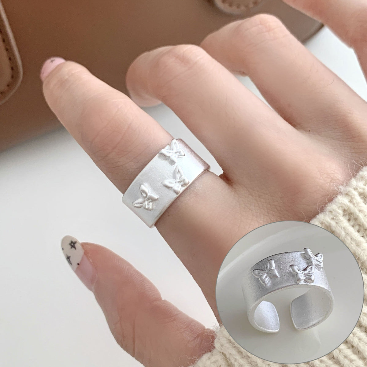 High Sense Star Open Ring For Women, INS Niche Brushed Texture Luxury Adjustable Index Finger Statement Ring