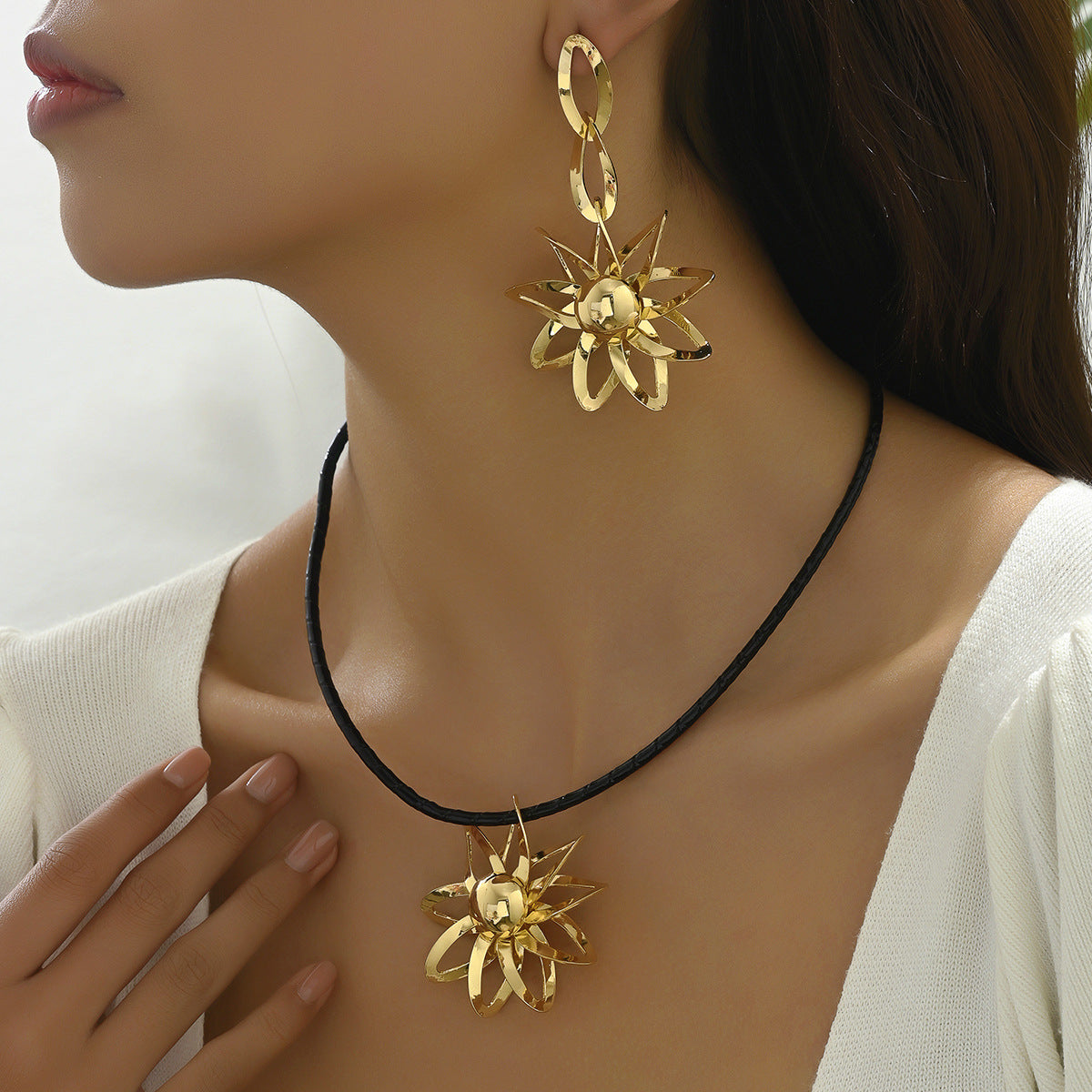 All-match Hip-hop Style Ladies Long Necklace Earrings Suit Personality Sunflower Design Ring Niche Jewelry Wholesale