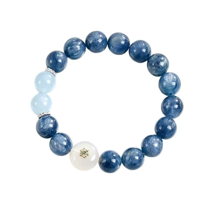 Natural Kyanite  White Agate Bracelet Aquamarine Two Tone Beaded Chain Energy Jewelry For Women