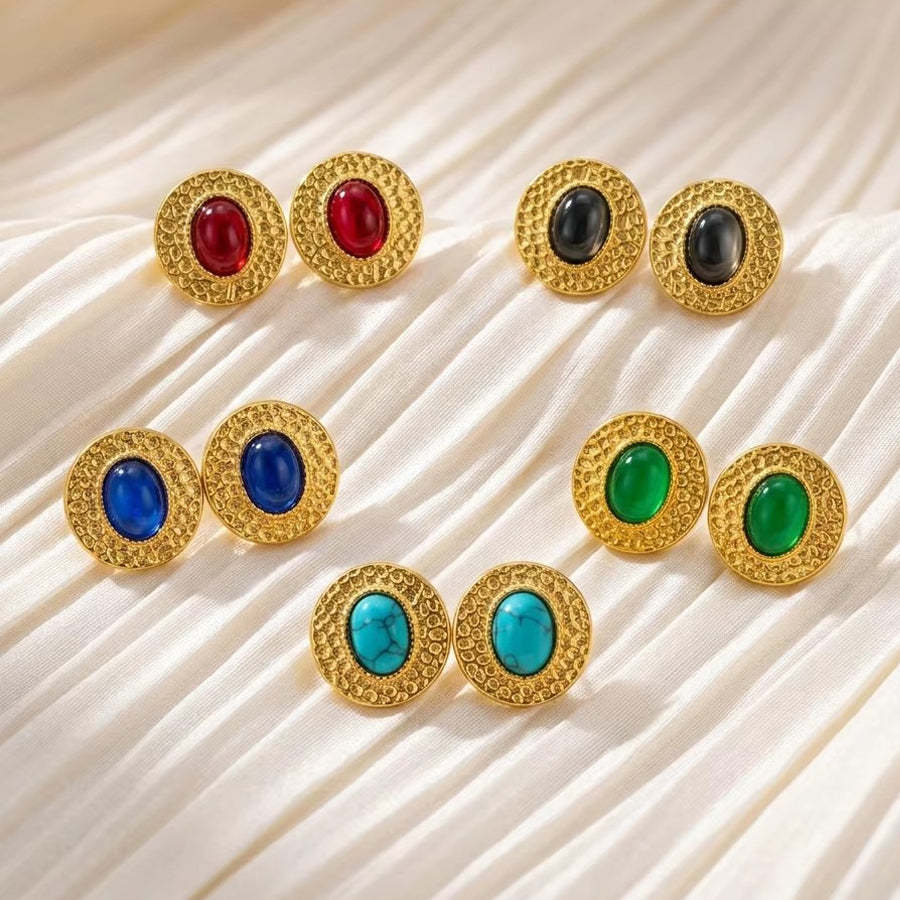 Stainless Steel Vintage Oval Cabochon Simulated Gemstone Stud Earrings Multi Color Textured Gold Tone Metal Frame Medieval Retro Statement Earrings For Women Dropshipping Gift