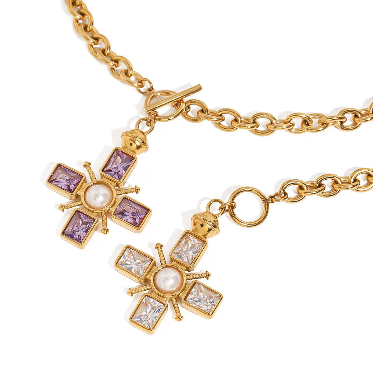 18K gold cross inlaid gemstone design high-end necklace ring set