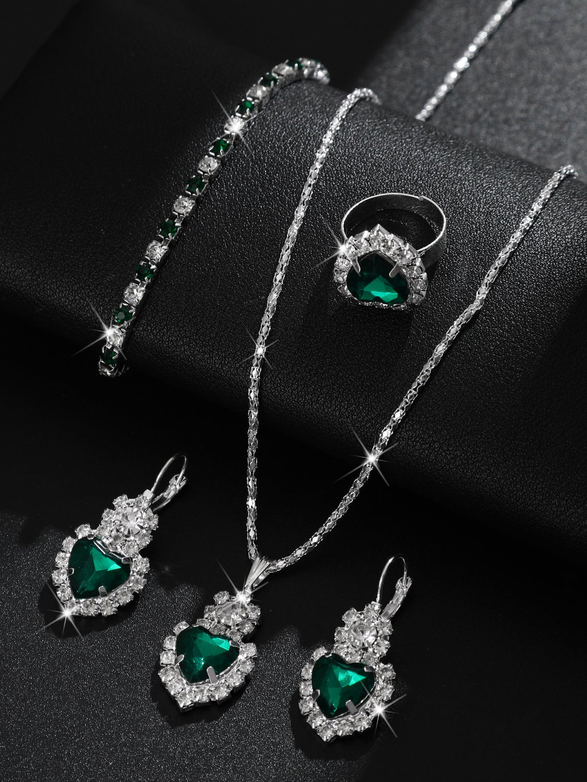 European And American Wholesale Four-Piece Set Of Diamond-Encrusted New Heart-Shaped Water Drop Rhinestone Necklace Earrings Ring Four-Piece Set For Women Cross-Border