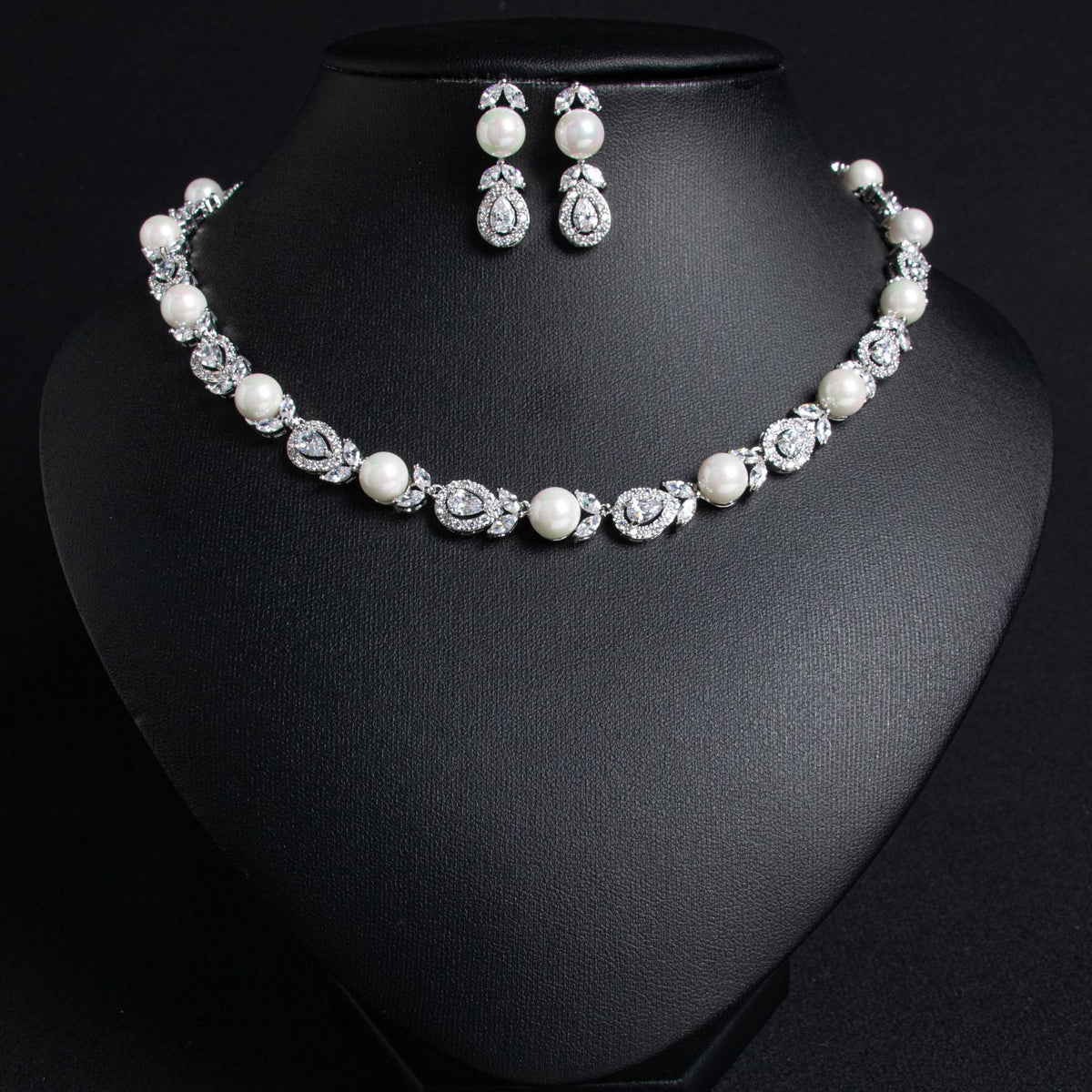 Korean Wedding Luxury Pearl Necklace Earrings Suit Full Diamond AAA Zircon Banquet Exquisite Accessories Bridal Jewelry