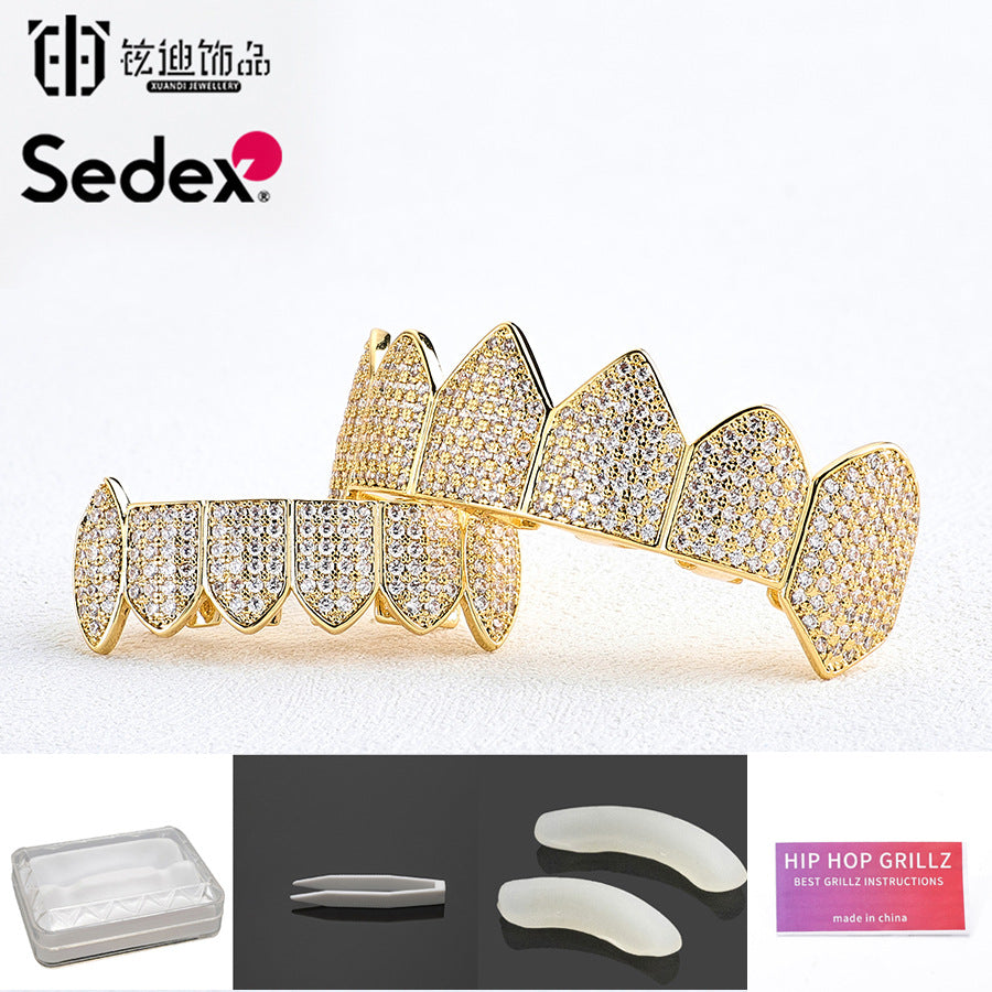 Halloween Cross-Border Hip-Hop Braces Accessories 14K Real Gold Electroplated Copper Zirconium Braces Exaggerated Rap Diamond Braces