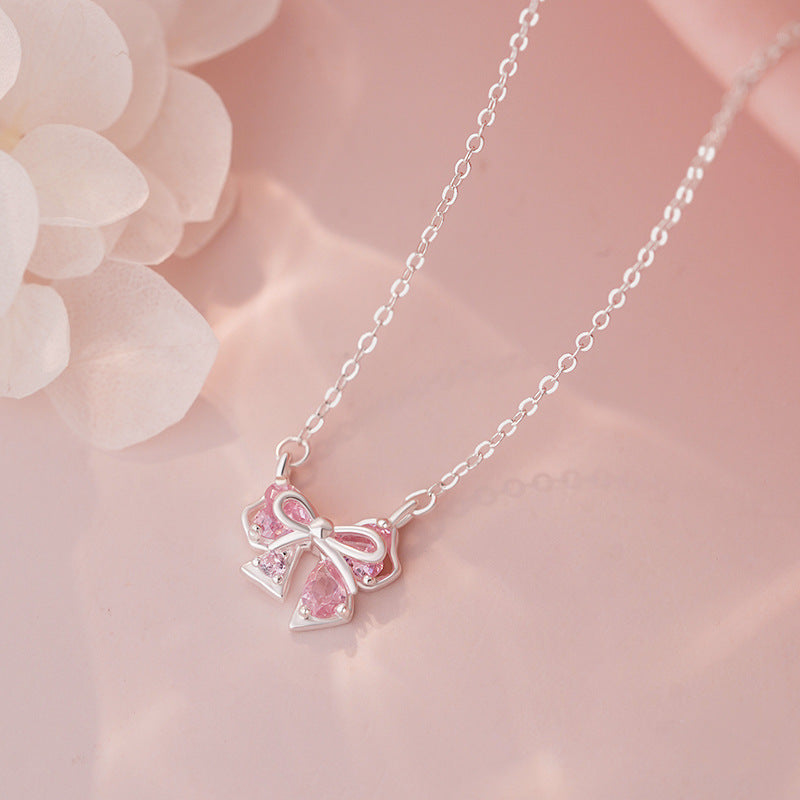S999 Pure Silver Bow Clavicle Chain Exquisite Niche High-End Pendant Necklace Feminine Elegant Pure Silver Neck Chain
