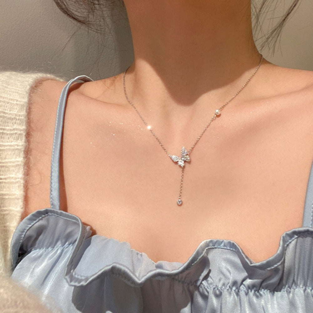 Daily Versatile S925 Sterling Silver Aquamarine Butterfly Necklace For Women, Non-Fading, Niche, High-End, Accessible Luxury Clavicle Chain New