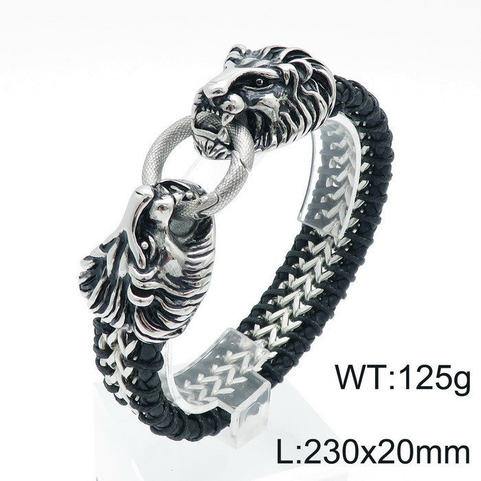 Titanium Steel Wolf Lion Skull Leather Bracelet