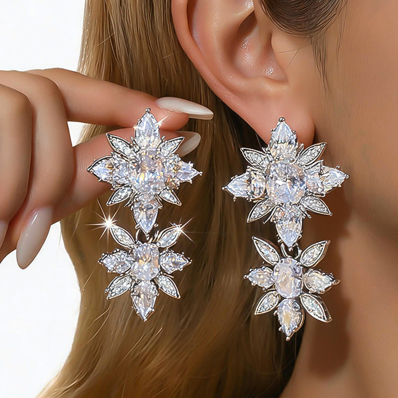 Women Vintage Minimalist Flower Star Burst Cubic Zirconia Pendant Dangle Stud Earrings,Light Luxury Delicate Versatile Fashion Jewelry For Daily Occasion