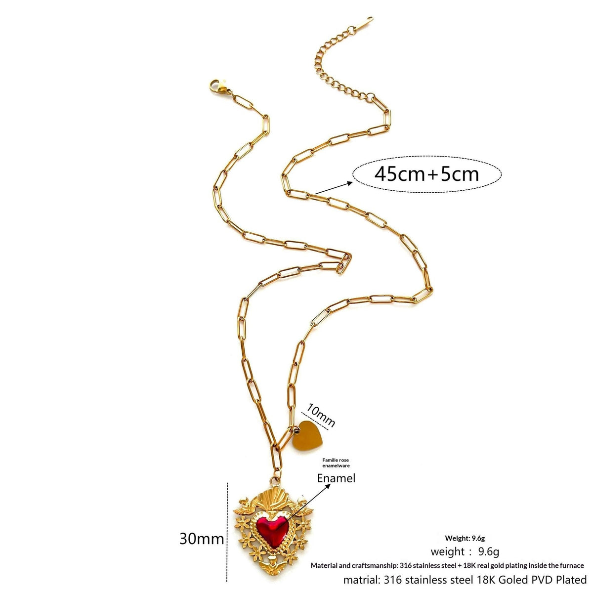 Stainless Steel Heart And Small Fish Enamel Red Bead Necklace