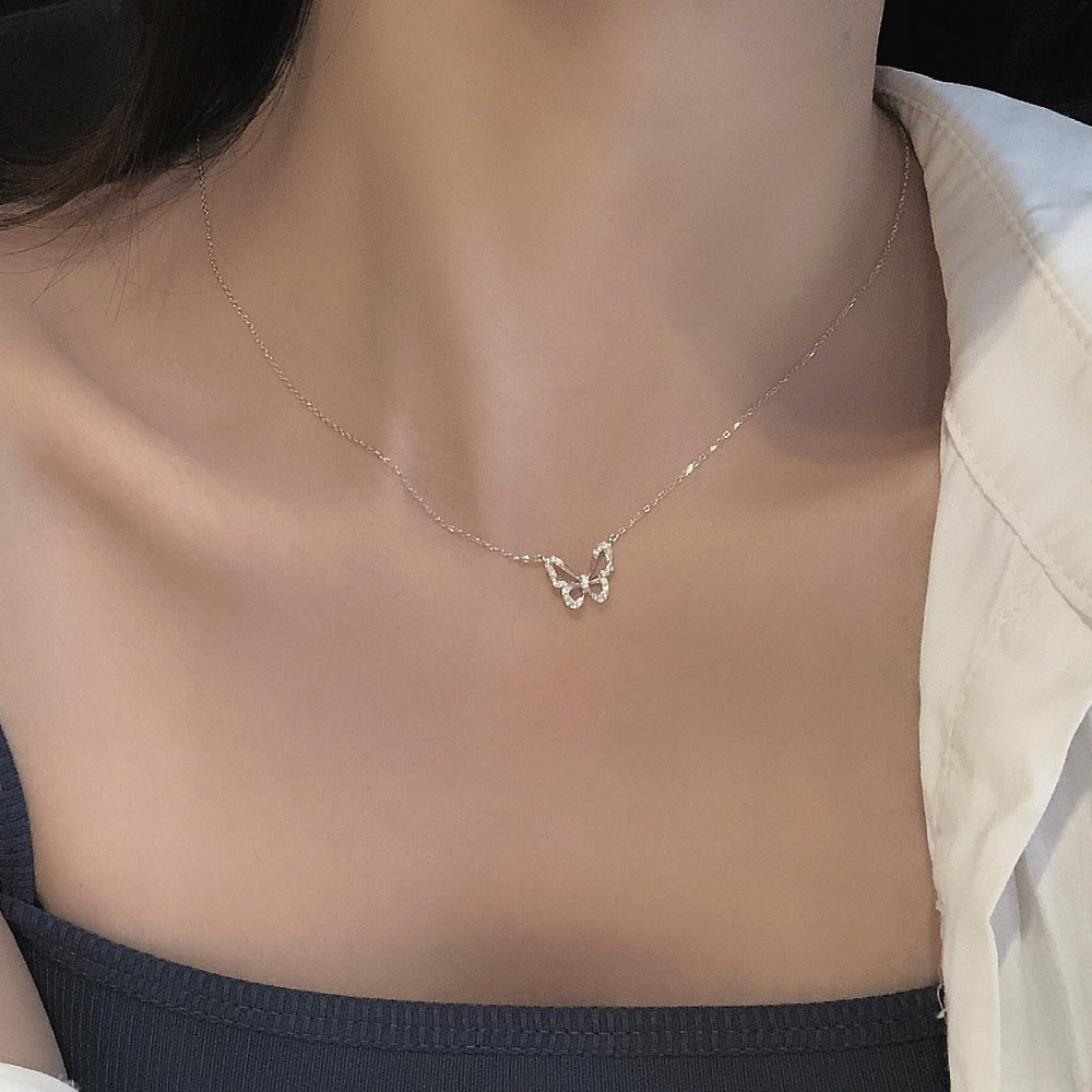 Daily Versatile S925 Sterling Silver Aquamarine Butterfly Necklace For Women, Non-Fading, Niche, High-End, Accessible Luxury Clavicle Chain New