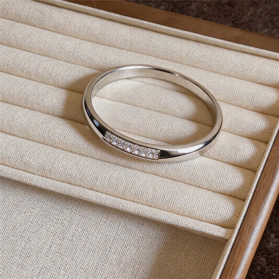 Stainless Steel Full Paved Zircon Clasp Bangle For Women, 18K Gold Plated, INS European American Trendy Versatile Light Luxury Personality Bracelet