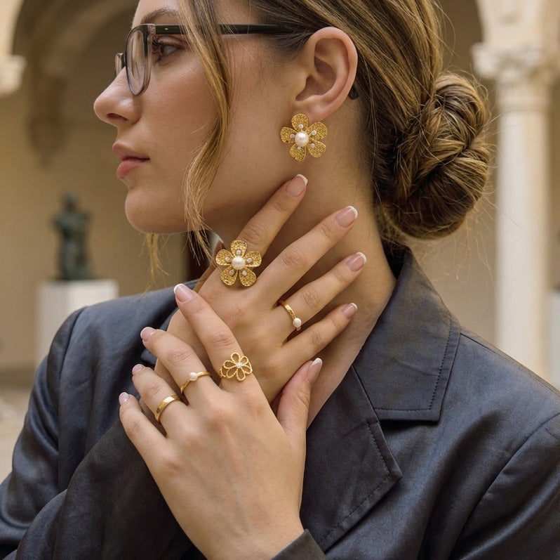 Floral Pearl Earrings and Ring Collection