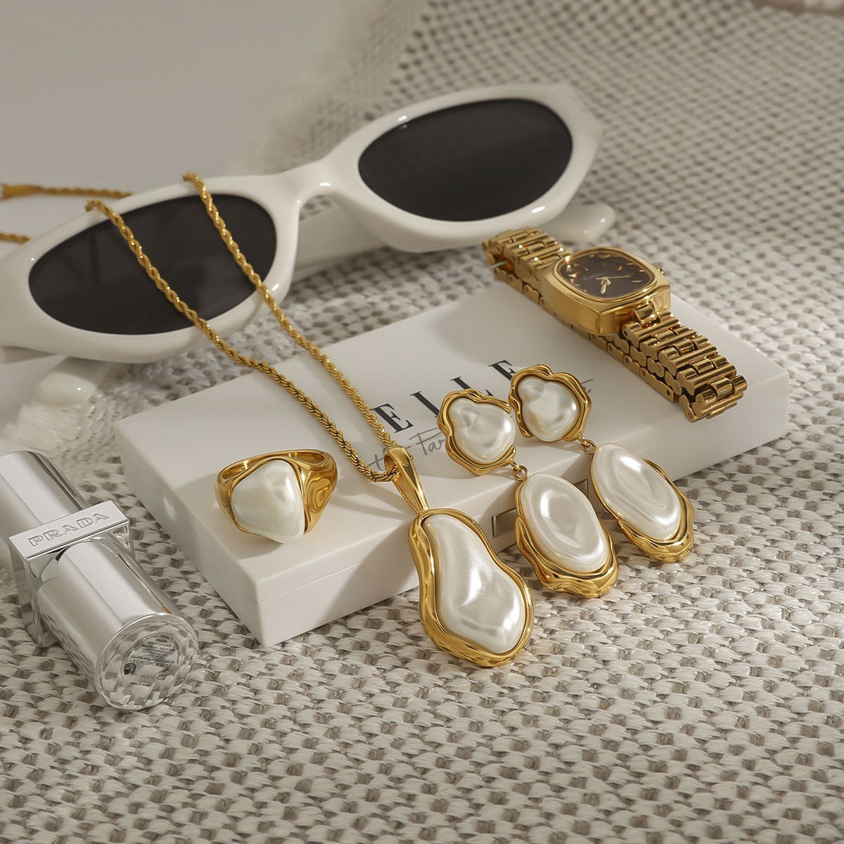 18K gold inlaid irregular pearl design light luxury fashion necklace earrings ring set