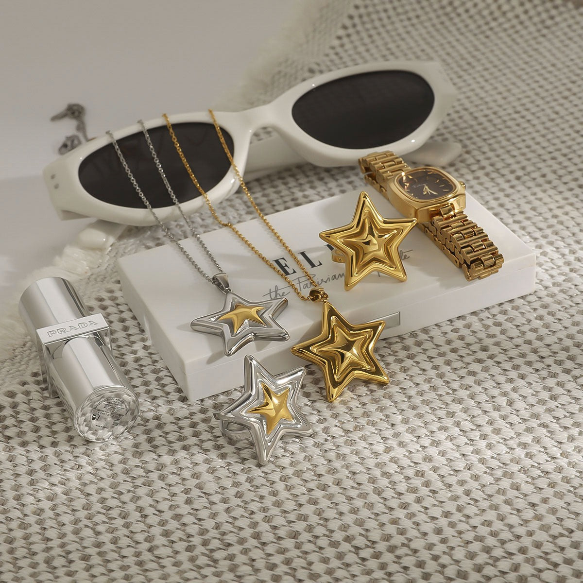 18K Gold Pentagram Design Exquisite Fashion Necklace Ring Set