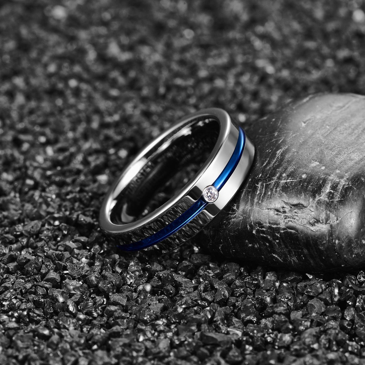 6mm Wide Polished Blue Groove Inlaid Zircon Tungsten Steel Ring
