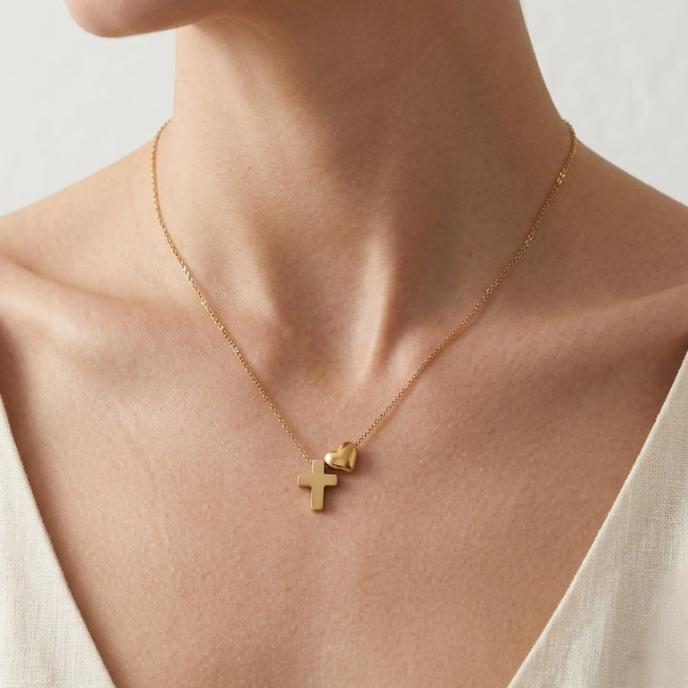 Cross-border Foreign Trade Bestseller 18K Gold Stainless Steel Clavicle Chain With Heart Pendant And Diamond-encrusted Cross Titanium Steel Necklace For Women