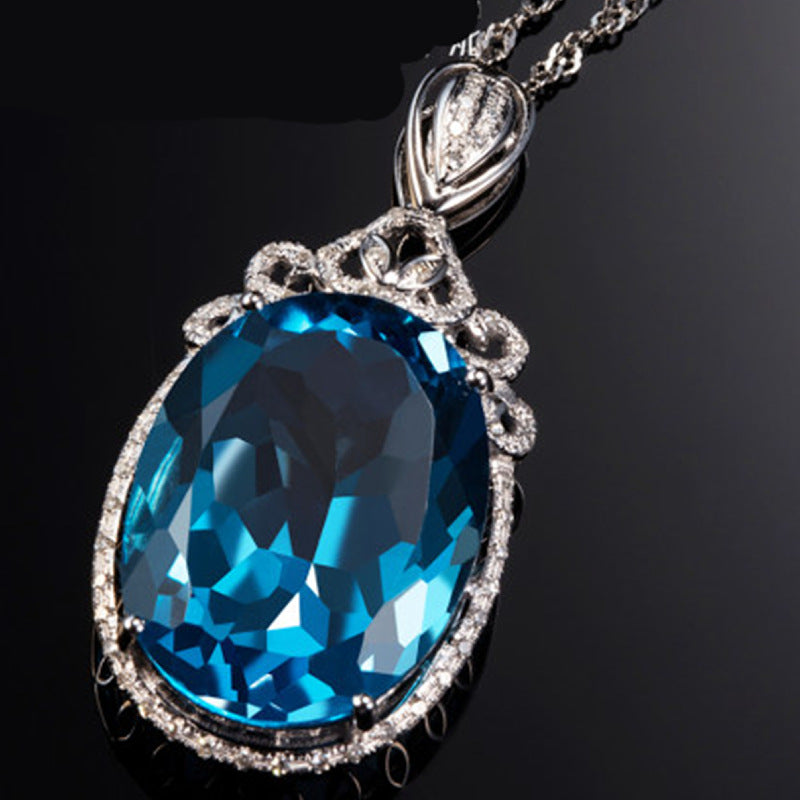 Jinjiahua's Best-Selling Large Bare Stone Swiss Blue Topaz Pendant, 925 Silver Plated Inlaid With Red And Green Treasure Colorful Diamond Necklace