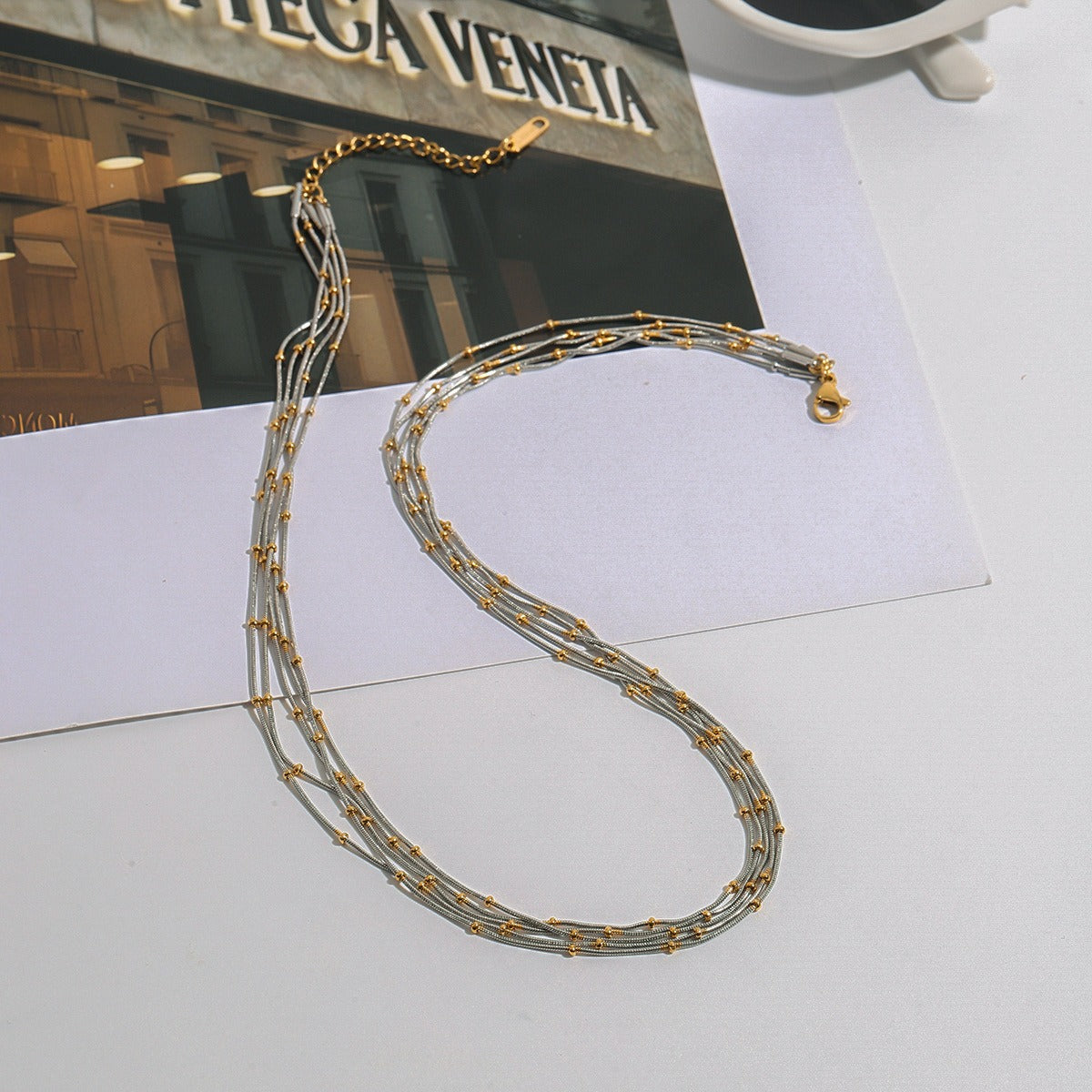 18K gold multi-layer chain with round beads design exquisite and fashionable necklace