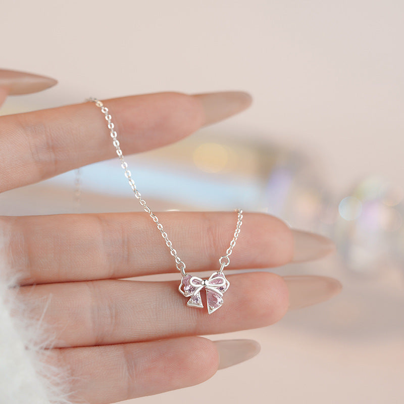 S999 Pure Silver Bow Clavicle Chain Exquisite Niche High-End Pendant Necklace Feminine Elegant Pure Silver Neck Chain