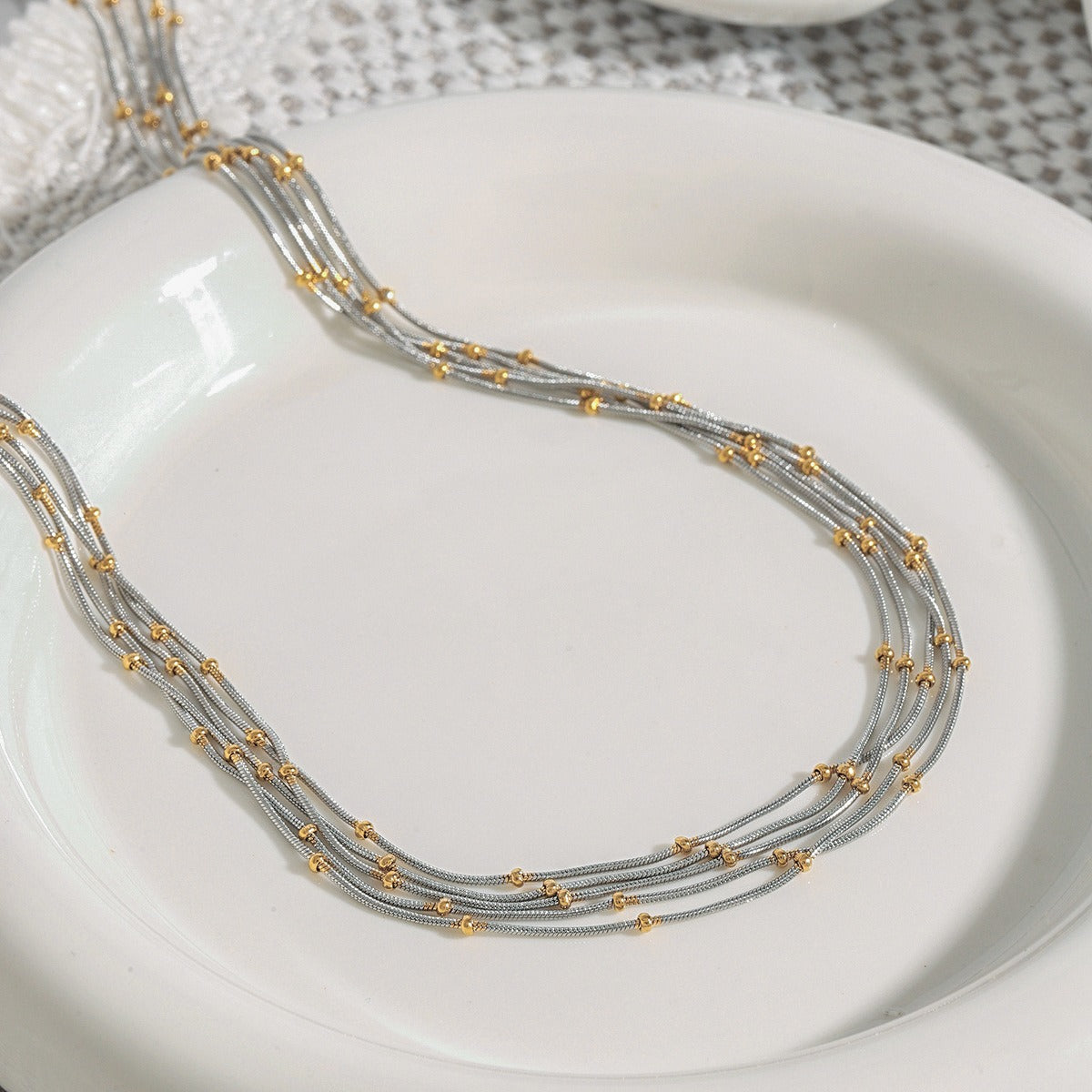 18K gold multi-layer chain with round beads design exquisite and fashionable necklace