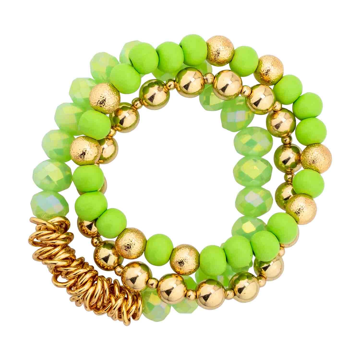 Colorful Trio Metal Glass and Wood Stretch Bracelet Set