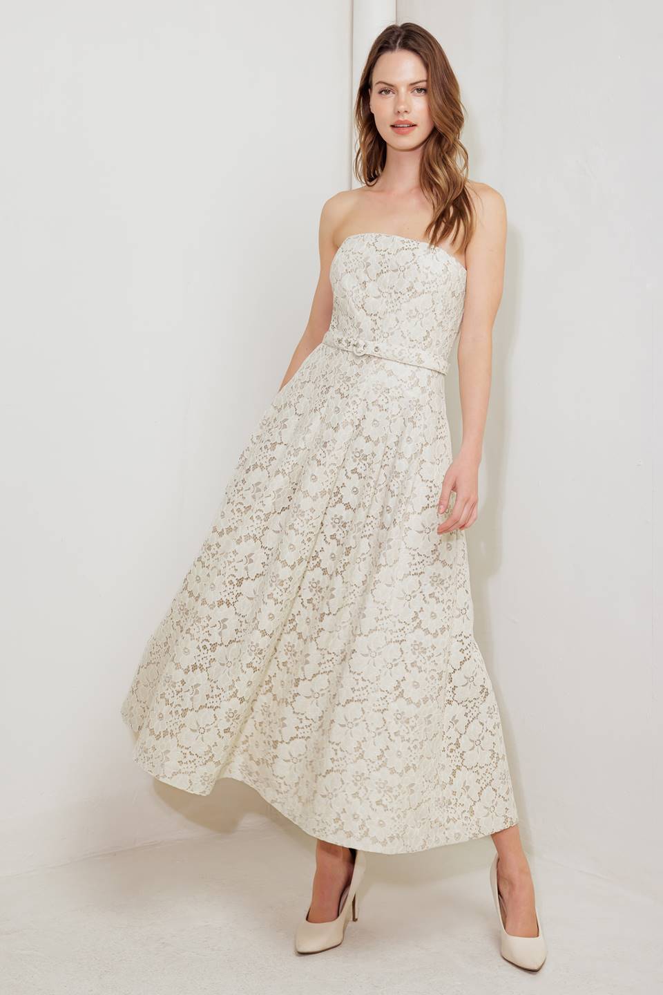 NATURAL STORYLINE WOVEN LACE MIDI DRESS