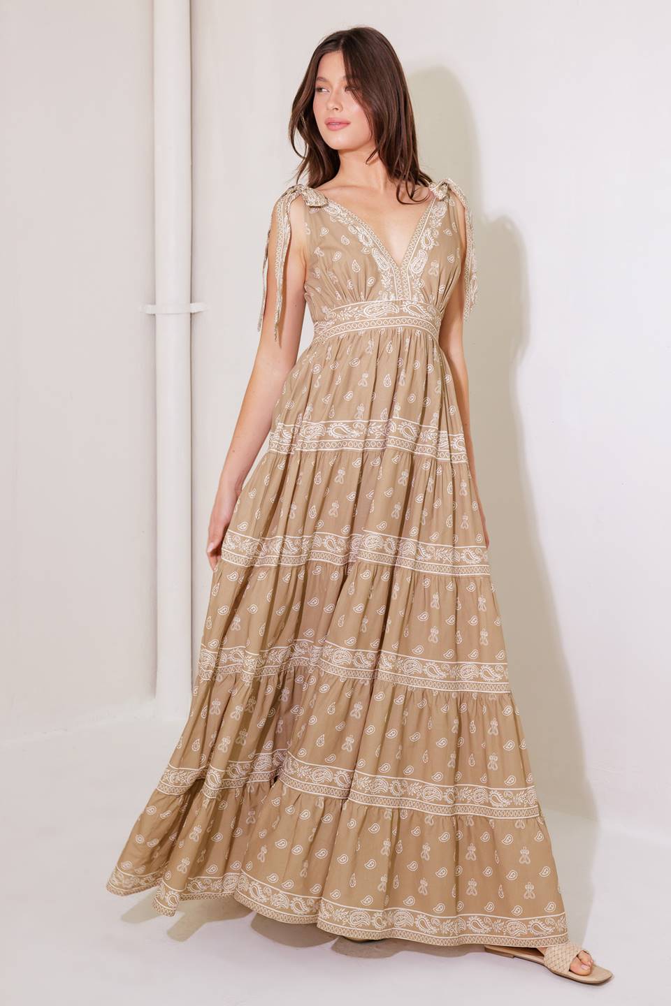 CUDDLY ATTITUDE TAUPE WOVEN MAXI DRESS