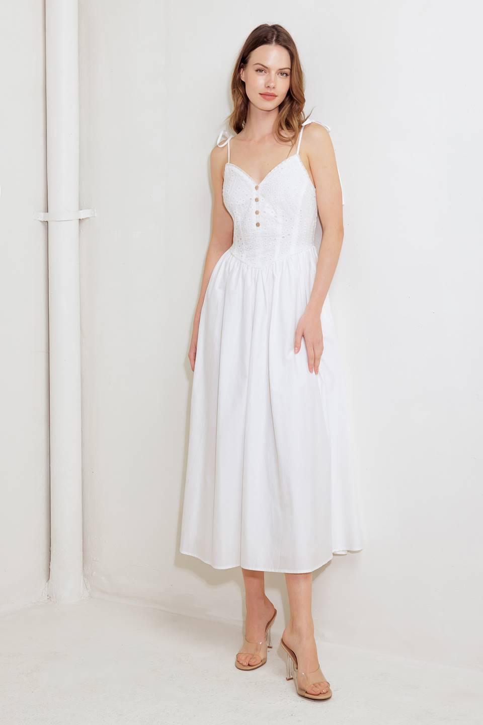 SUNDAY PETALS WHITE WOVEN MIDI DRESS