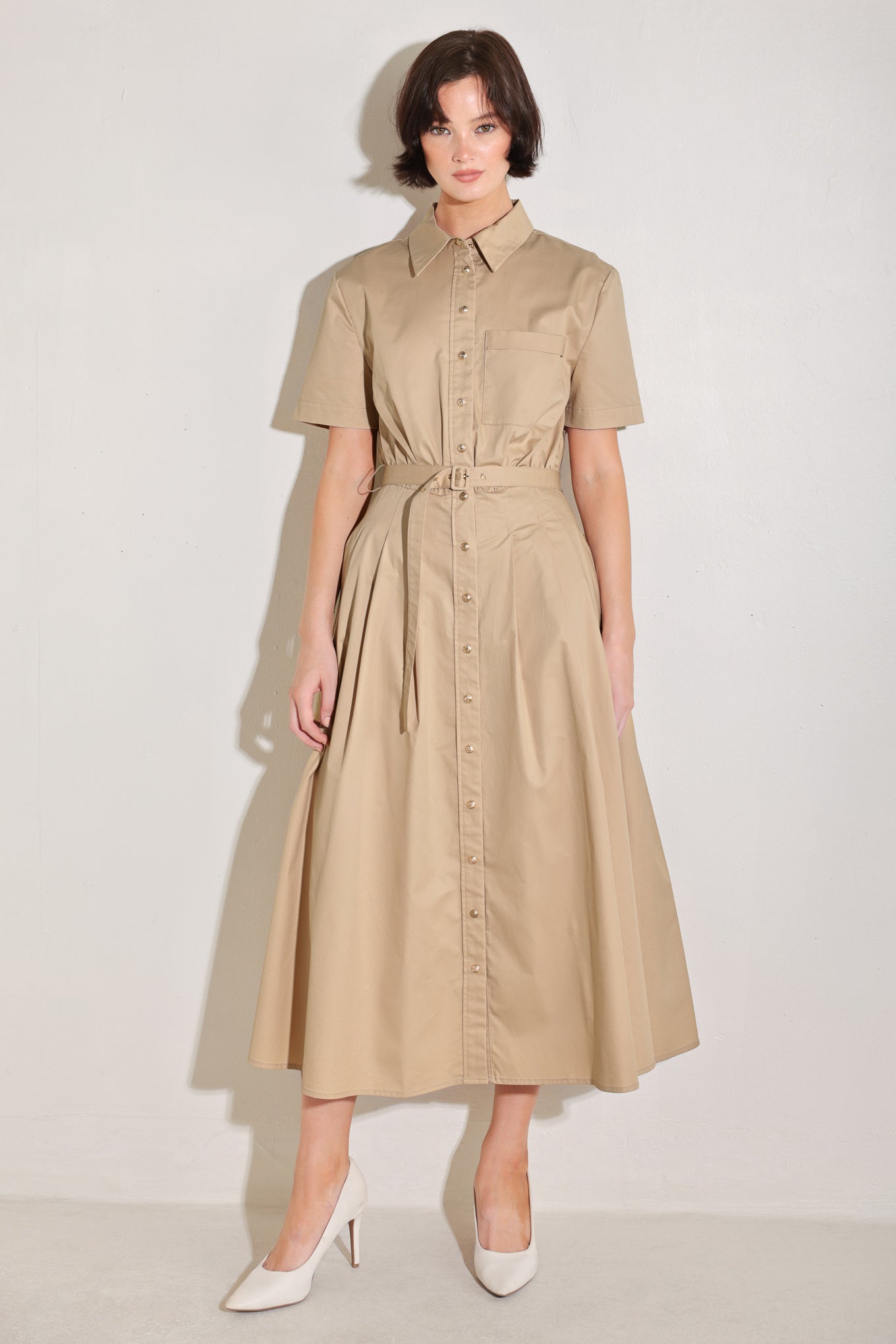 CINCHED COUTURE WOVEN MIDI DRESS