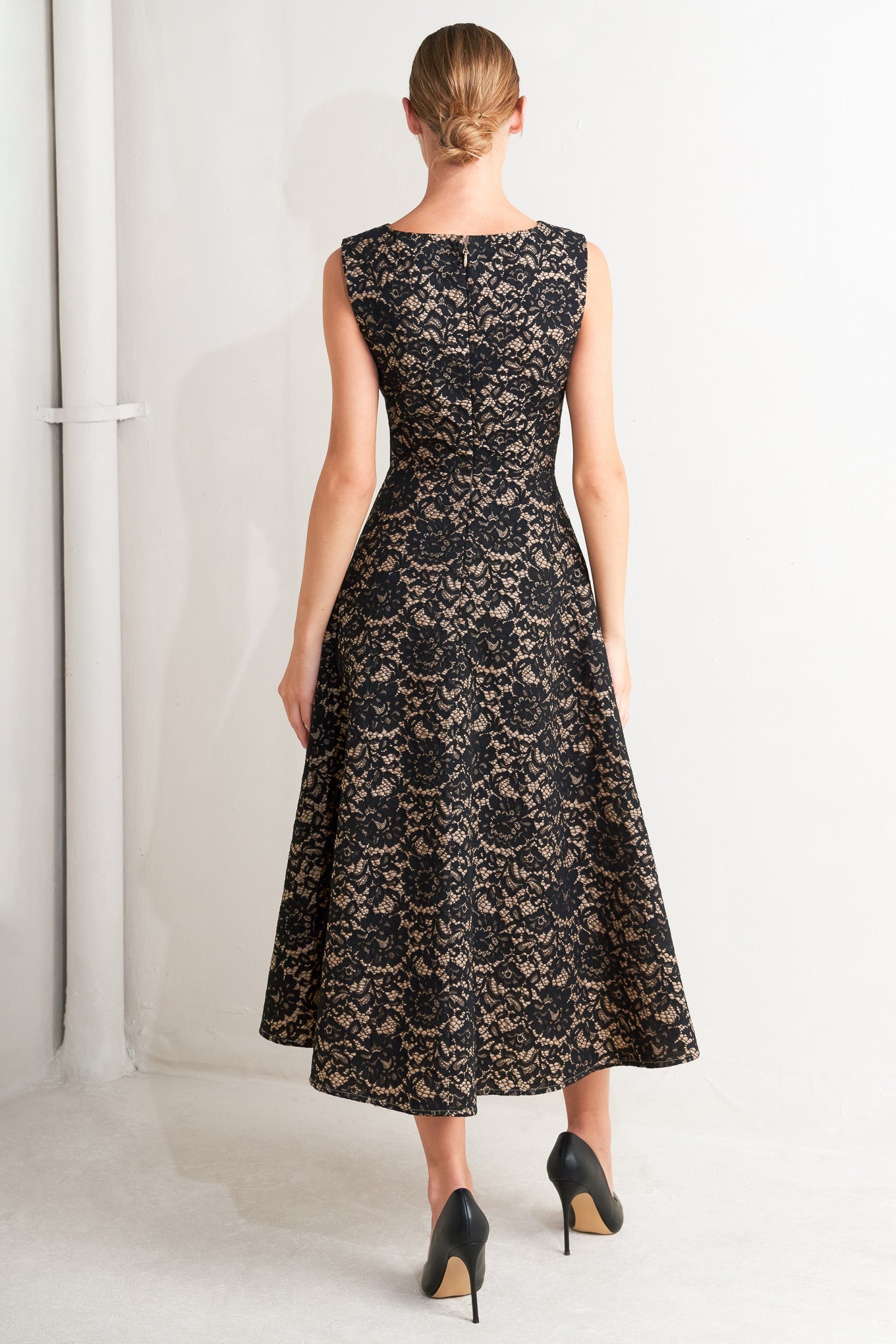 NIGHTFALL CHIC LACE WOVEN MIDI DRESS