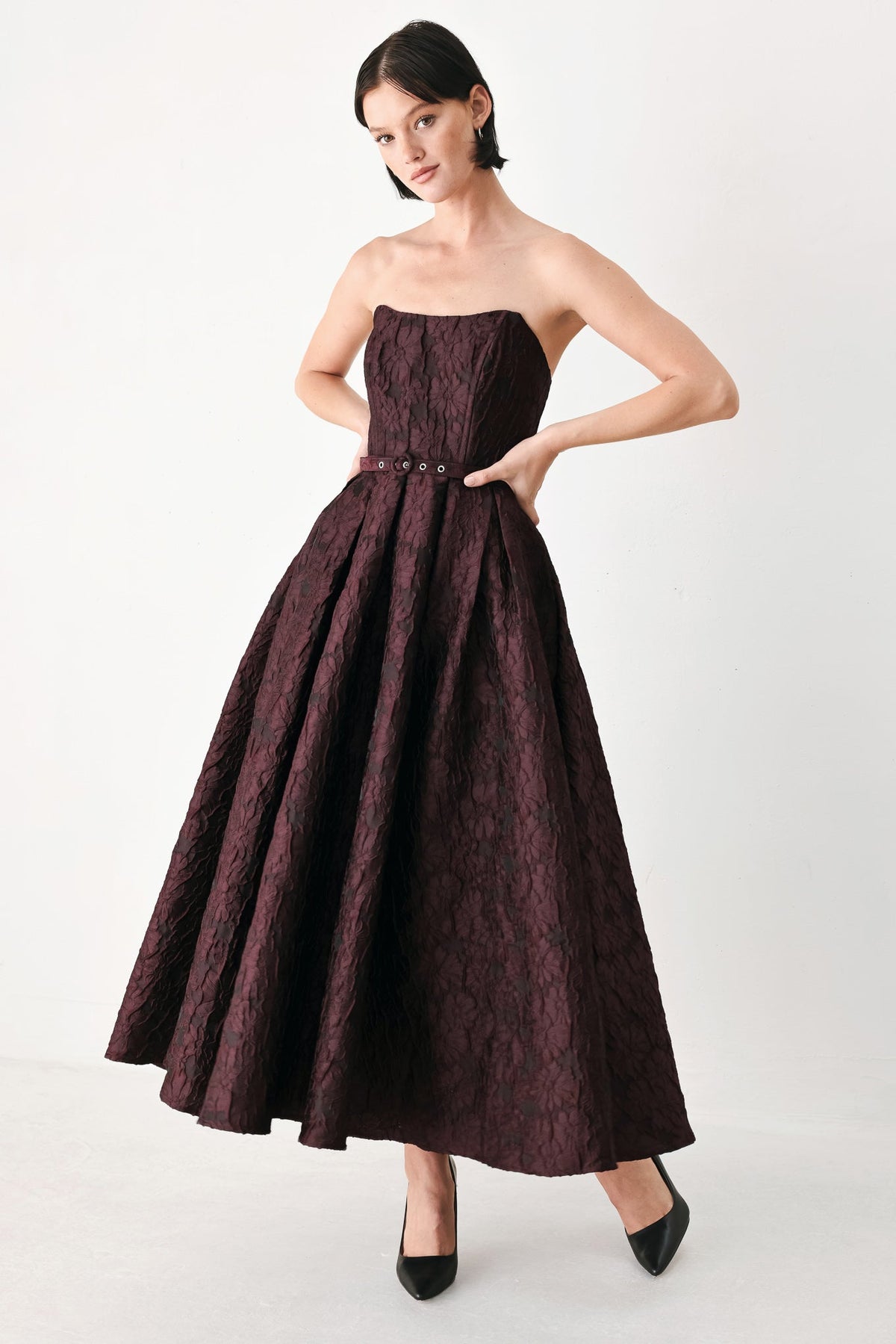 BURGUNDY COUTURE SWAY WOVEN MIDI DRESS