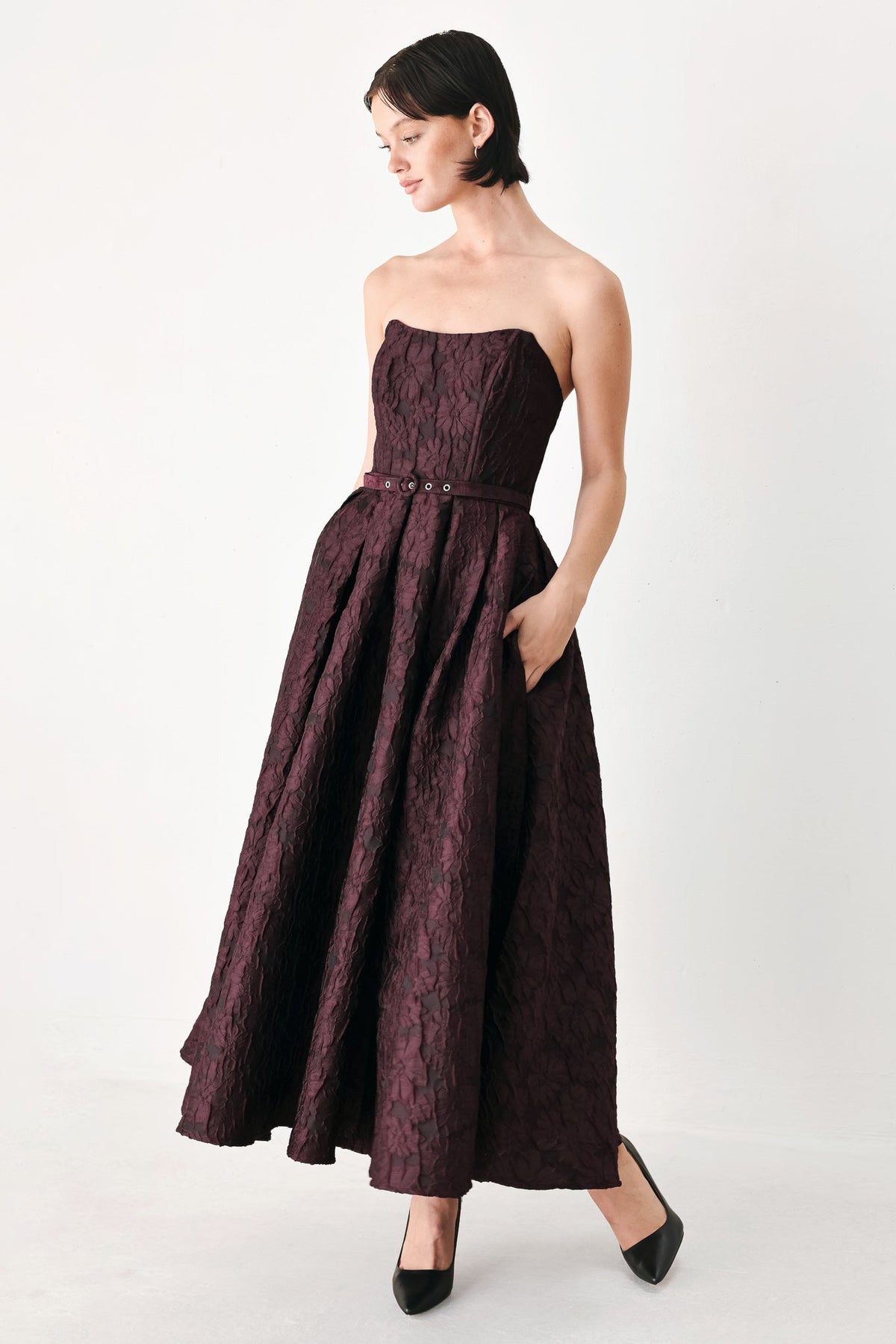 BURGUNDY COUTURE SWAY WOVEN MIDI DRESS