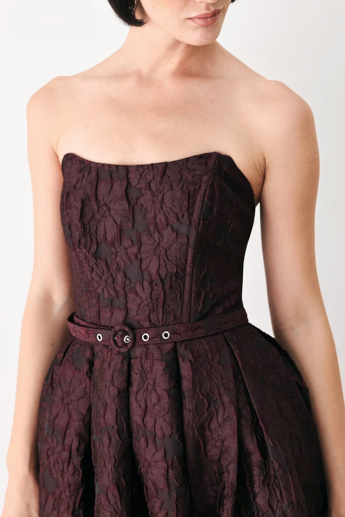 BURGUNDY COUTURE SWAY WOVEN MIDI DRESS