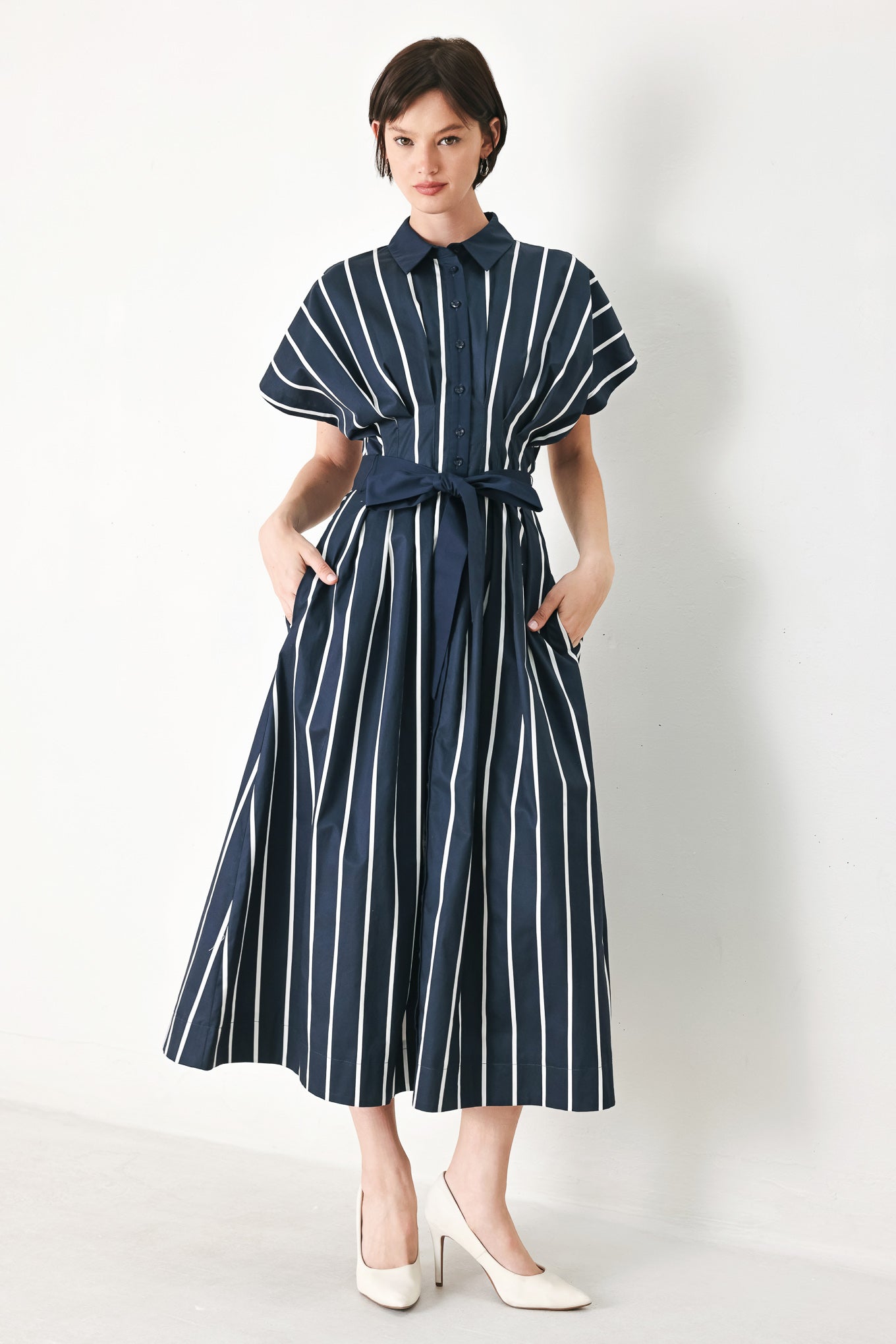 [PREORDER] PINSTRIPE STORY WOVEN MIDI DRESS