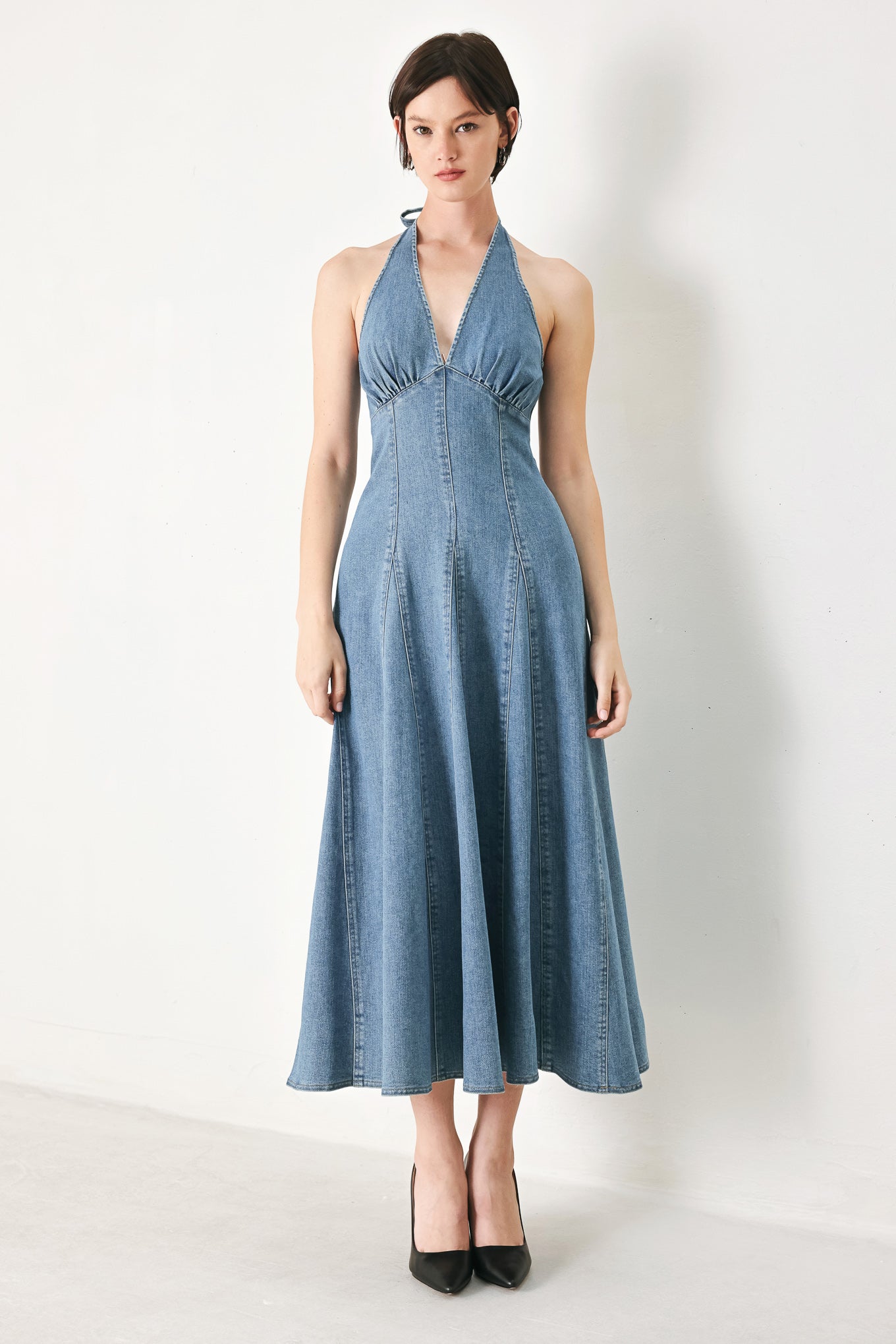 BLUE BLOSSOM DENIM MIDI DRESS