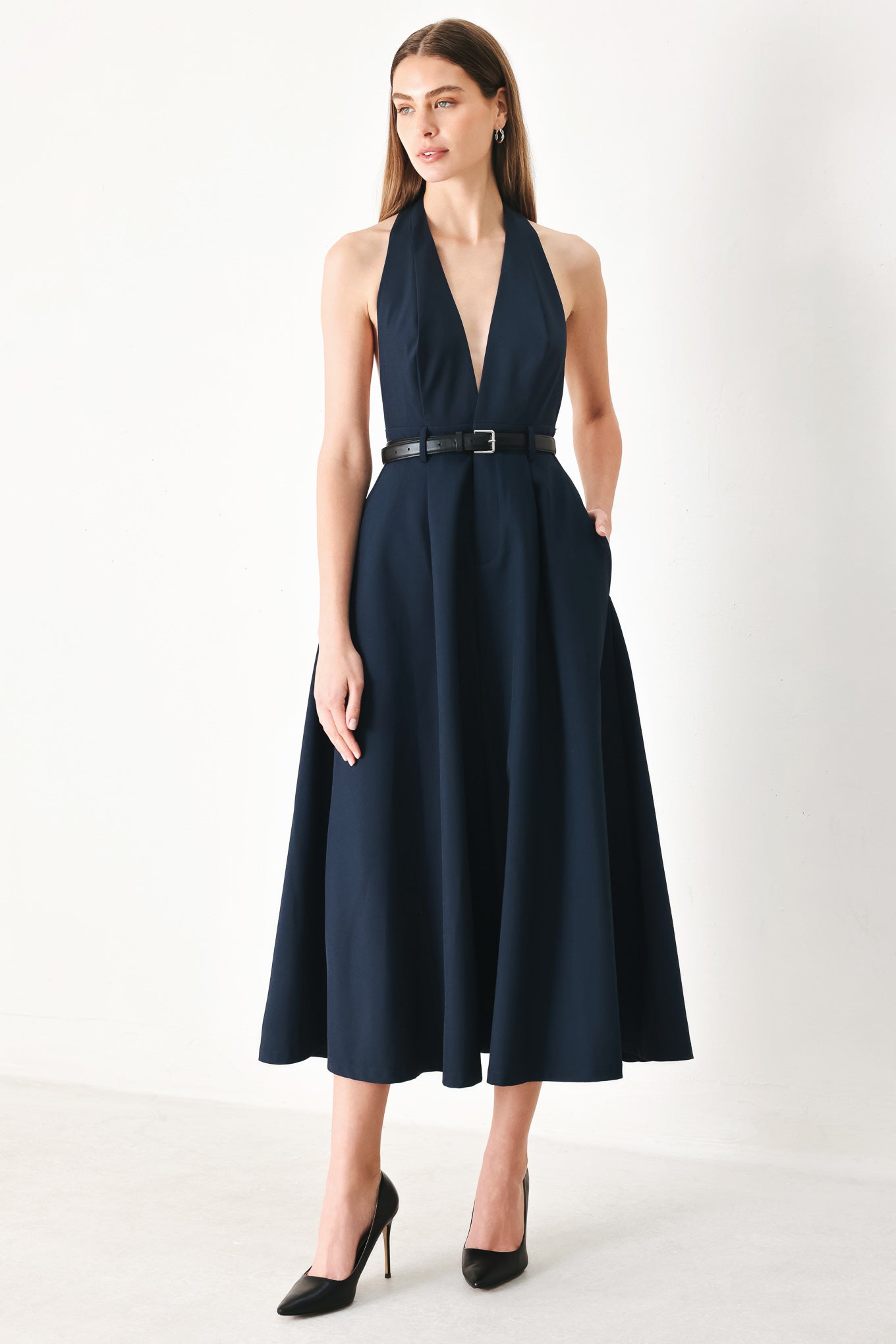 MIDNIGHT FORM WOVEN MIDI DRESS