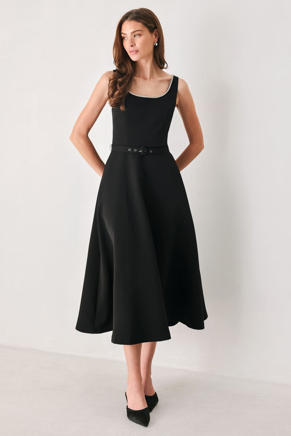 JEWELED NOIR BLACK EMBELLISHED BELTED MIDI DRESS