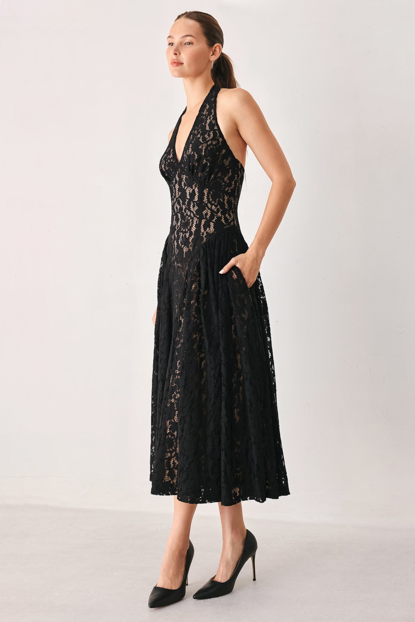 MIDNIGHT GARDEN HALTER WOVEN LACE MIDI DRESS
