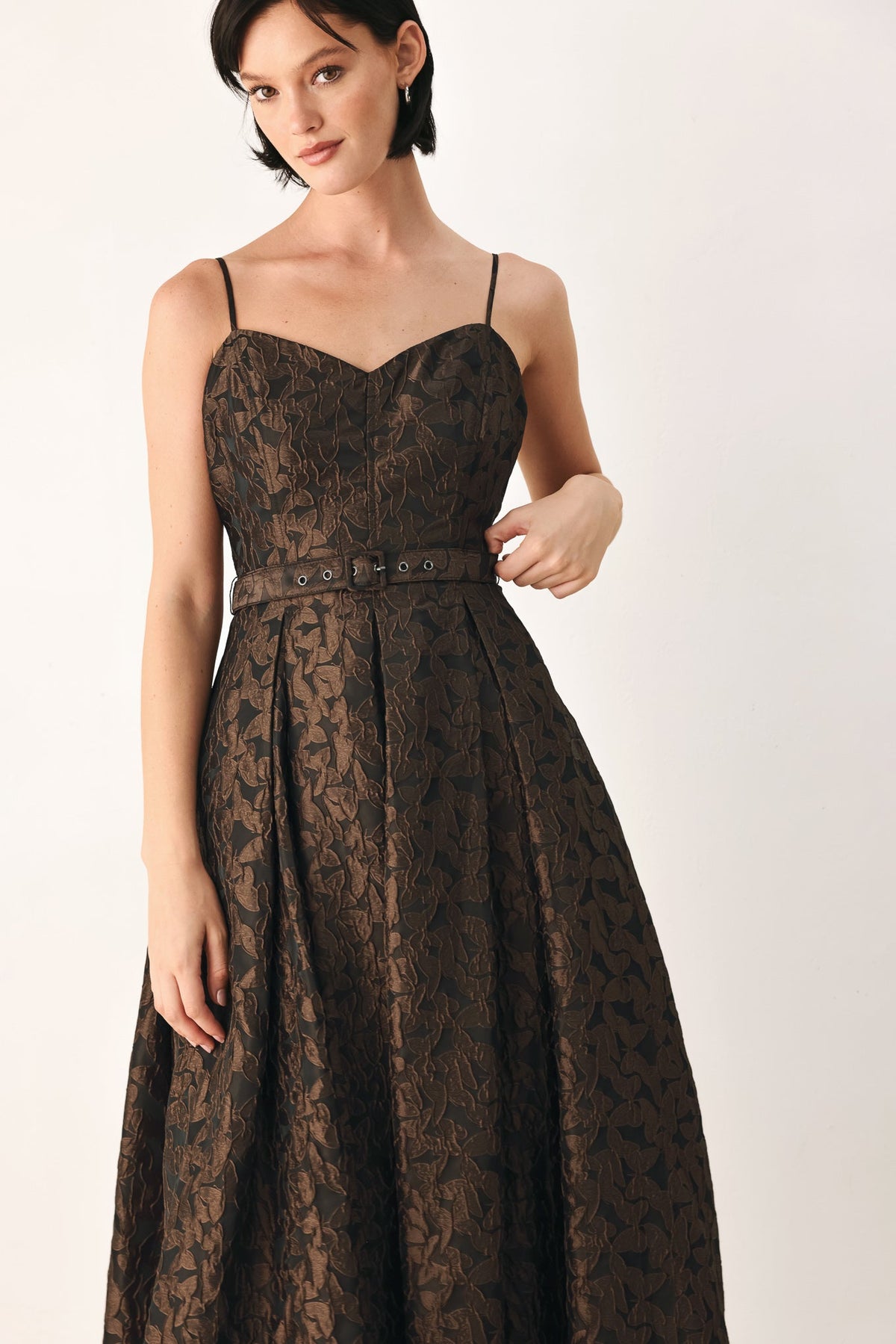 GOLDEN HOUR ROMANCE JACQUARD MIDI DRESS