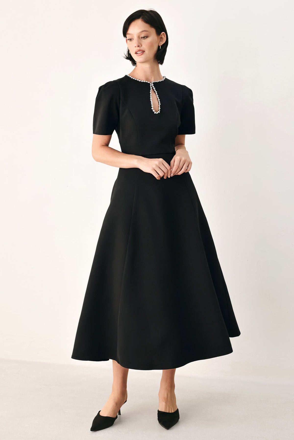 AFTER DARK ELEGANCE JEWELED MIDI DRESS