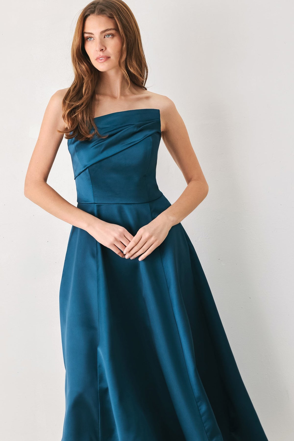 TEAL TEMPO ASYMMETRICAL STRAPLESS CIRCLE-SKIRT MIDI DRESS