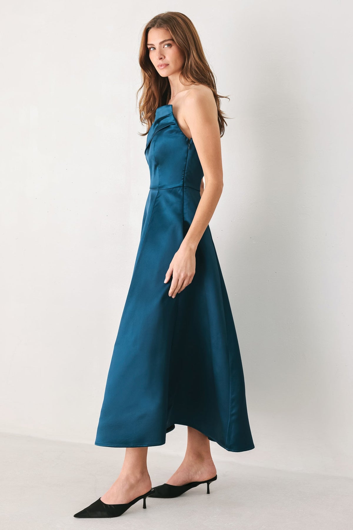 TEAL TEMPO ASYMMETRICAL STRAPLESS CIRCLE-SKIRT MIDI DRESS