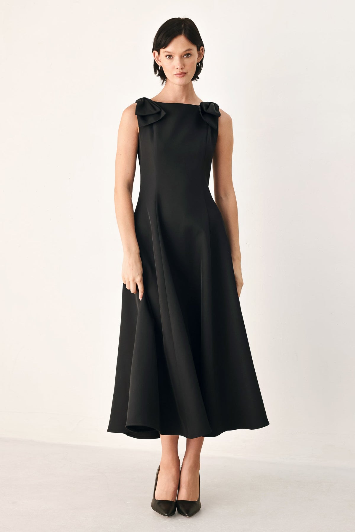 TIED TO TONIGHT BOW SHOULDER MIDI DRESS