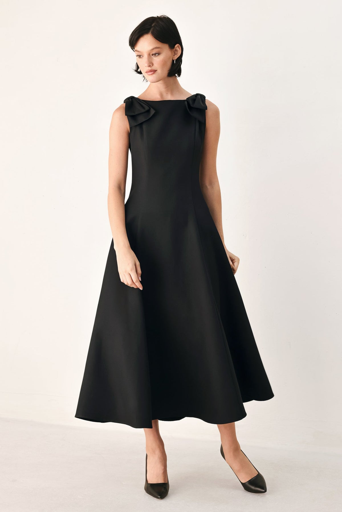TIED TO TONIGHT BOW SHOULDER MIDI DRESS