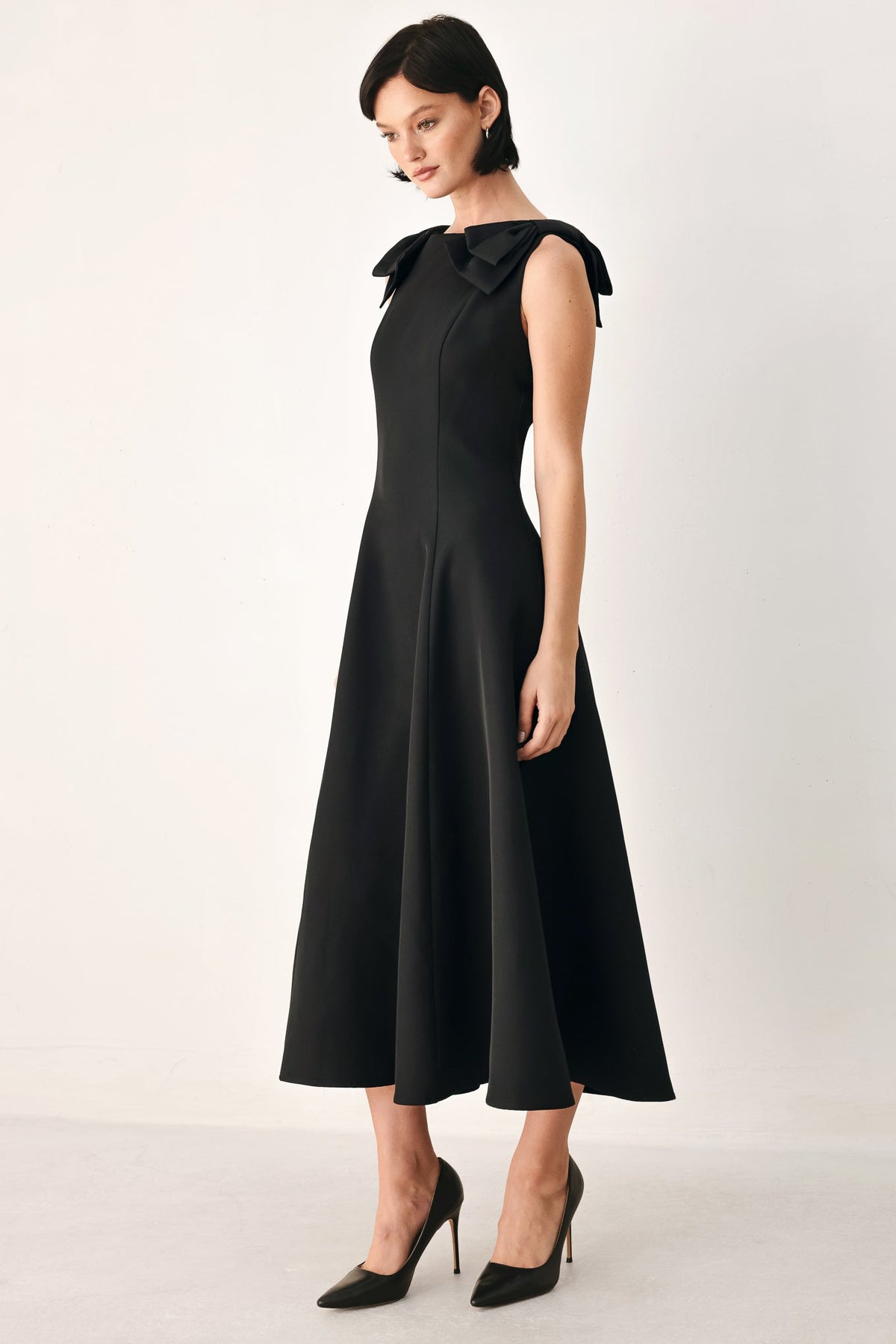 TIED TO TONIGHT BOW SHOULDER MIDI DRESS