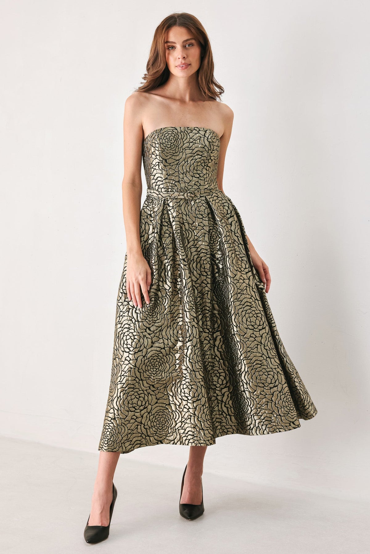 GOLDEN SOIREE GOLD STATEMENT MIDI DRESS