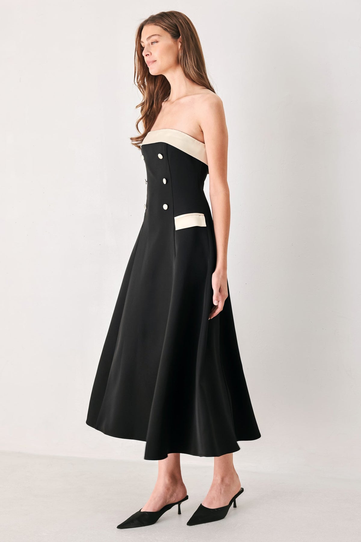 PARISIAN POISE BLACK/CREAM STRAPLESS BUTTON MIDI DRESS
