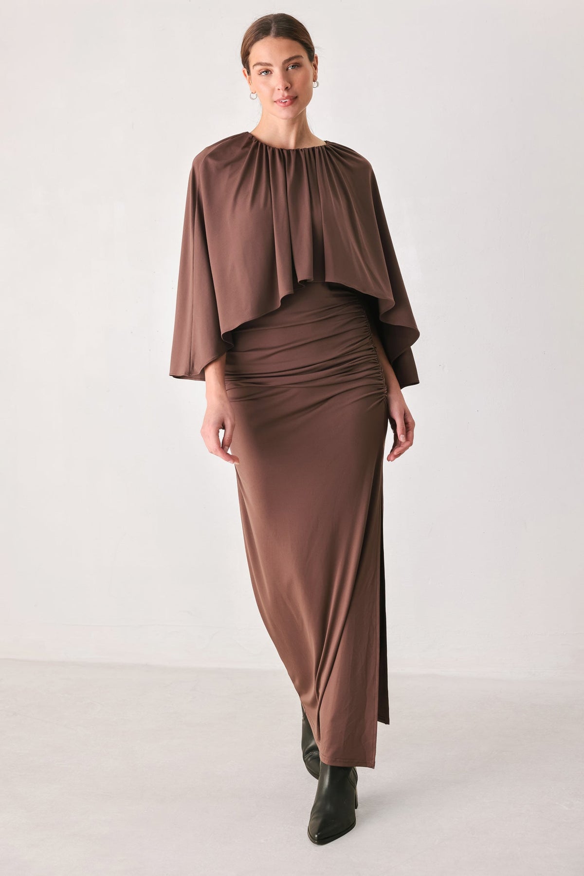 DUSTY ROSE DRAPE MAUVE CAPLET SHIRRED MIDI DRESS